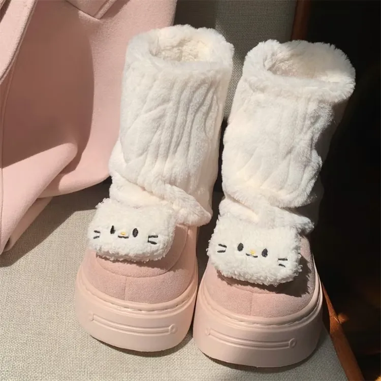 细细条 冬季新款卡通小猫咪学生雪地靴保暖毛毛棉靴女士东北棉鞋