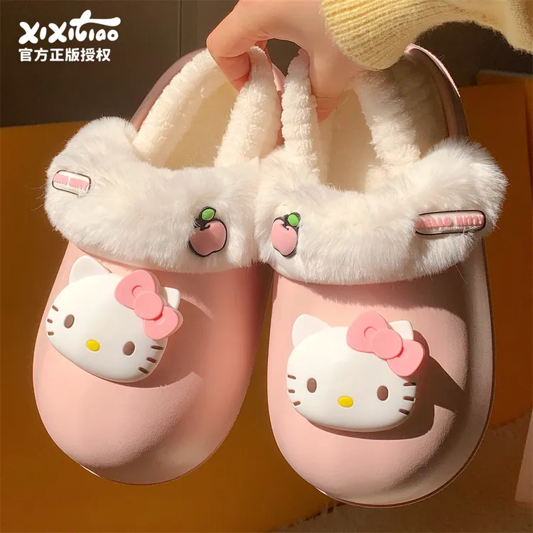 细细条 正版HelloKitty防水棉拖鞋冬可爱家居外穿厚底防水月子鞋