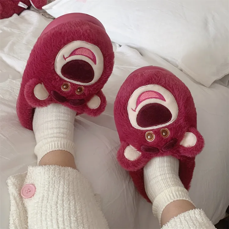细细条 正版IP联名草莓熊情侣款棉拖鞋冬季家用防滑毛毛鞋男女ins