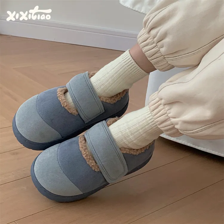 细细条 韩版ins潮魔术贴棉鞋复古撞色冬季户外时尚防滑平底豆豆鞋