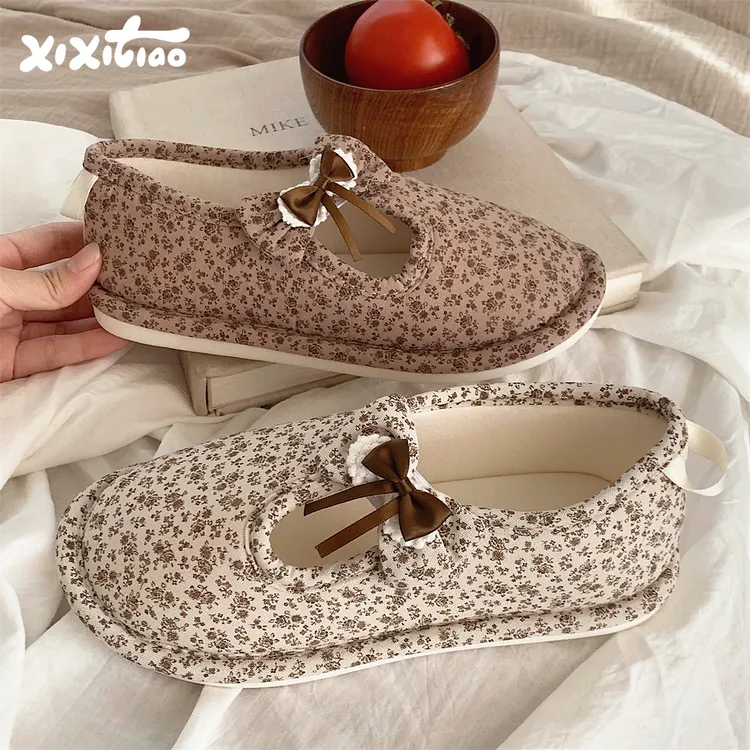 细细条 复古碎花蝴蝶结包跟棉鞋女春秋薄款透气防滑居家月子鞋ins