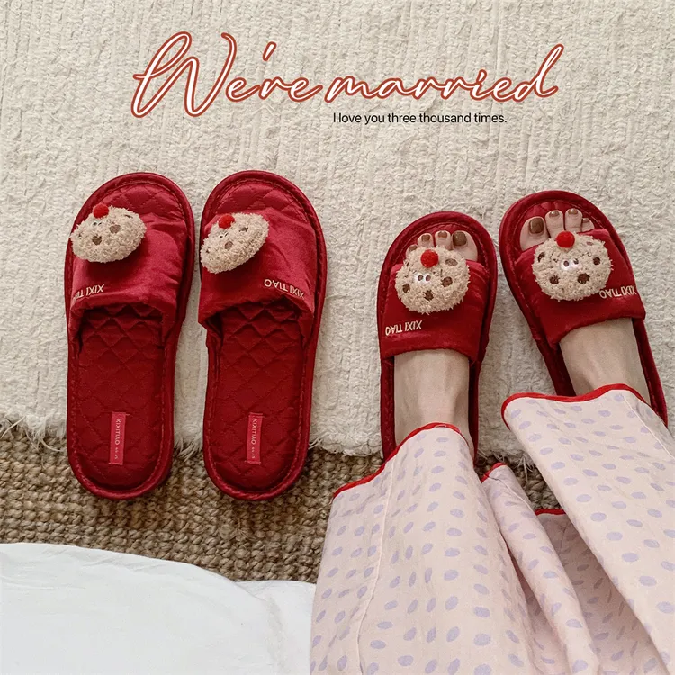 细细条 红鼻子曲奇饼干新婚拖鞋男女ins喜庆四季通用情侣棉麻拖鞋