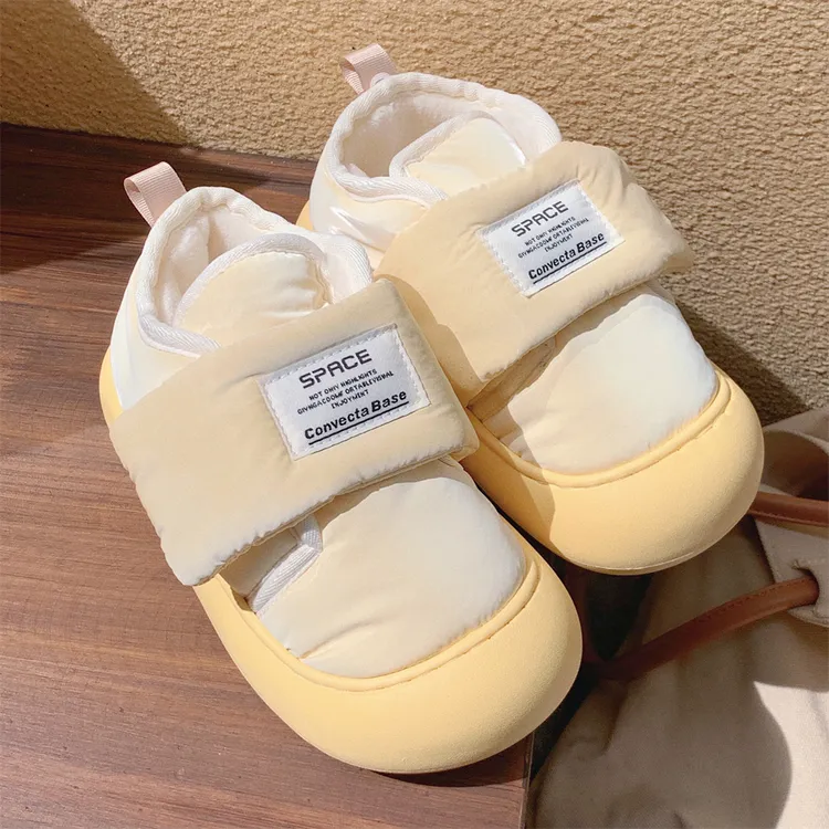 细细条 时尚百搭圆头面包棉鞋冬季奶黄色创意魔术贴加绒板鞋女ins