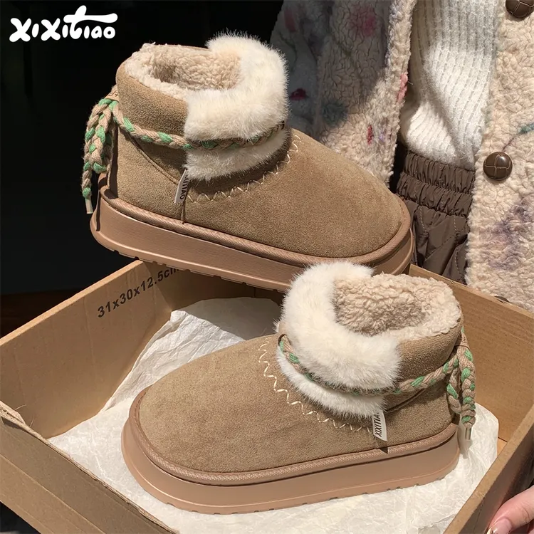 细细条 加厚保暖时尚东北棉鞋女士外穿百搭加绒冬季民族风雪地靴