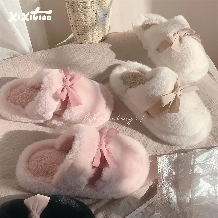 细细条 韩系蝴蝶结包头毛毛拖鞋女舒适防滑秋冬季学生居家棉拖鞋