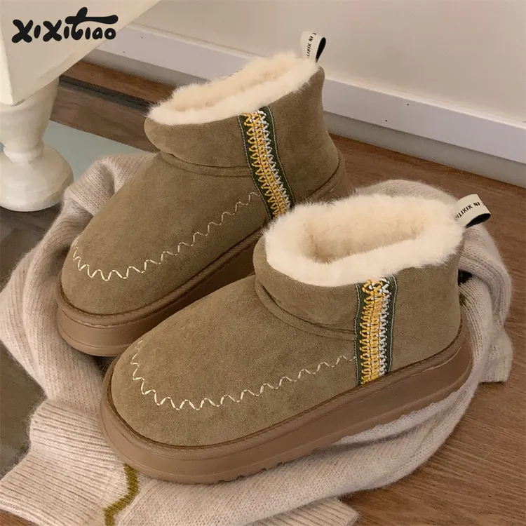 细细条 加厚时尚雪地靴女ins创意刺绣民族风冬季新款户外东北棉鞋