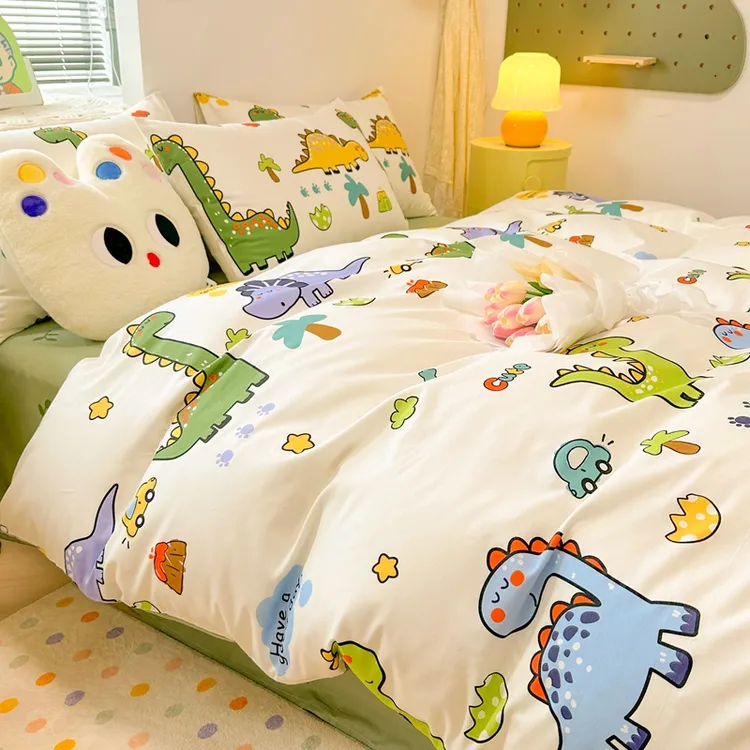 真全棉纯棉儿童床上四件套男孩宿舍卡通被套床单床笠三件套小恐龙