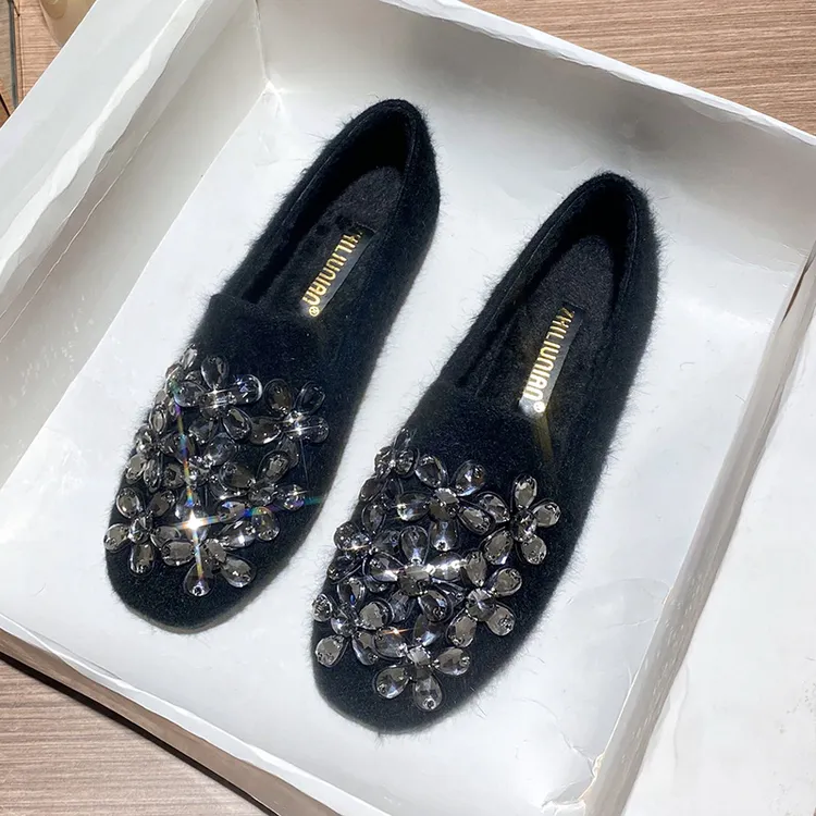 乐福鞋女冬季深口平底豆豆鞋女毛毛单鞋水貂毛平底加绒保暖棉瓢鞋