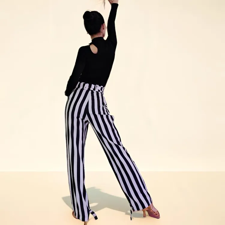 高定制拉丁舞摩登舞交谊舞百搭黑白条纹高腰气质舞蹈裤休闲裤时尚