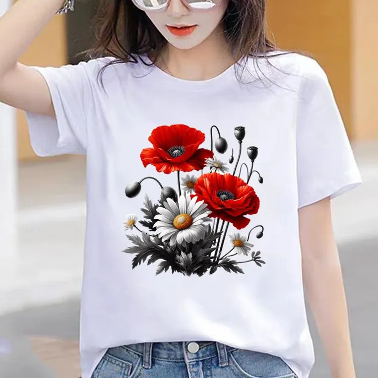 花朵显瘦网红通勤时尚女士爆款休闲ins洋气印花圆领上衣短袖T恤