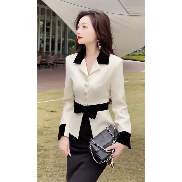 秋装搭配一整套御姐风职业女装小香风白色西装外套半身裙两件套潮