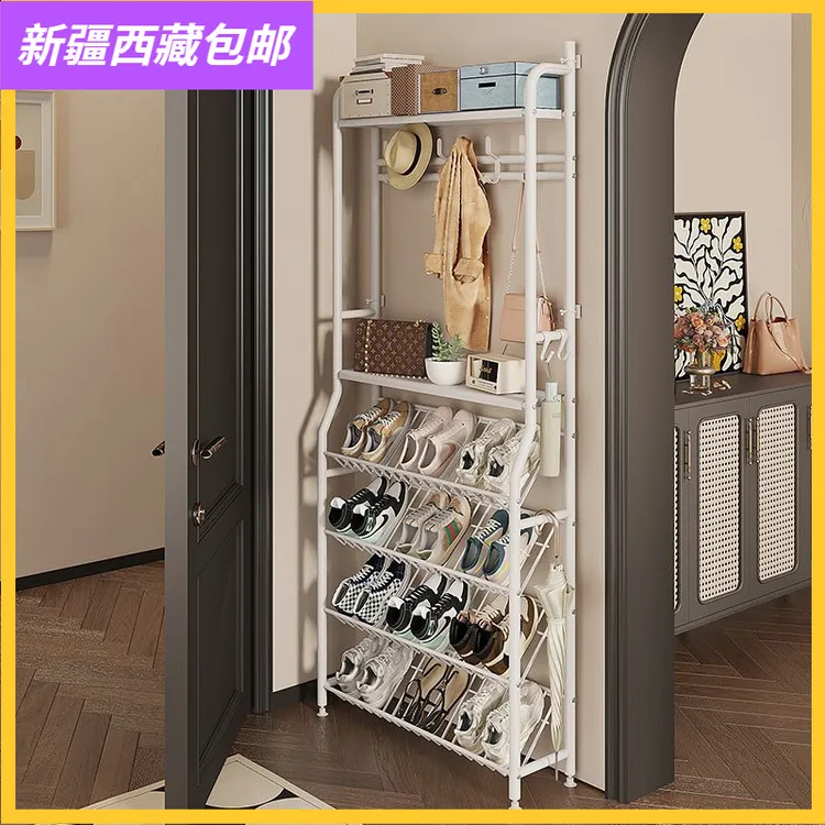 新疆包邮简易鞋架挂衣一体架全金属超薄门口后鞋帽架多层窄鞋柜宿