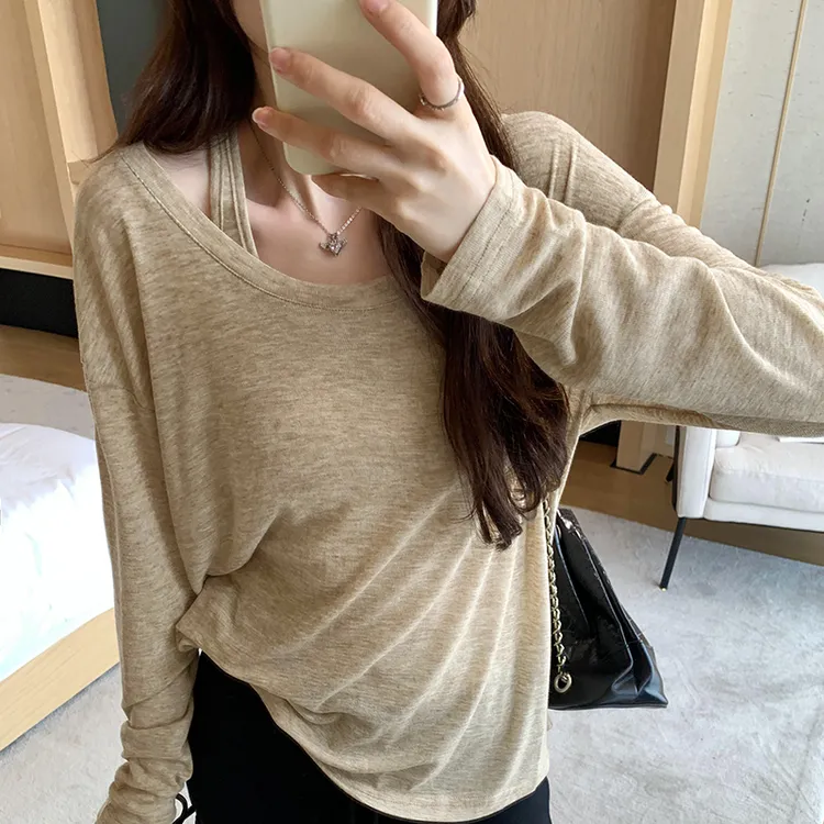 春夏防晒罩衫女慵懒松弛感薄款无袖背心长袖T恤两件套女