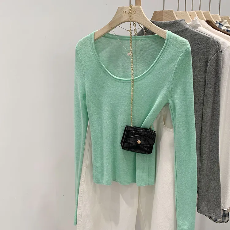 薄荷绿打底衫针织长袖t恤女士春秋冬2024修身洋气小衫内搭上衣ins