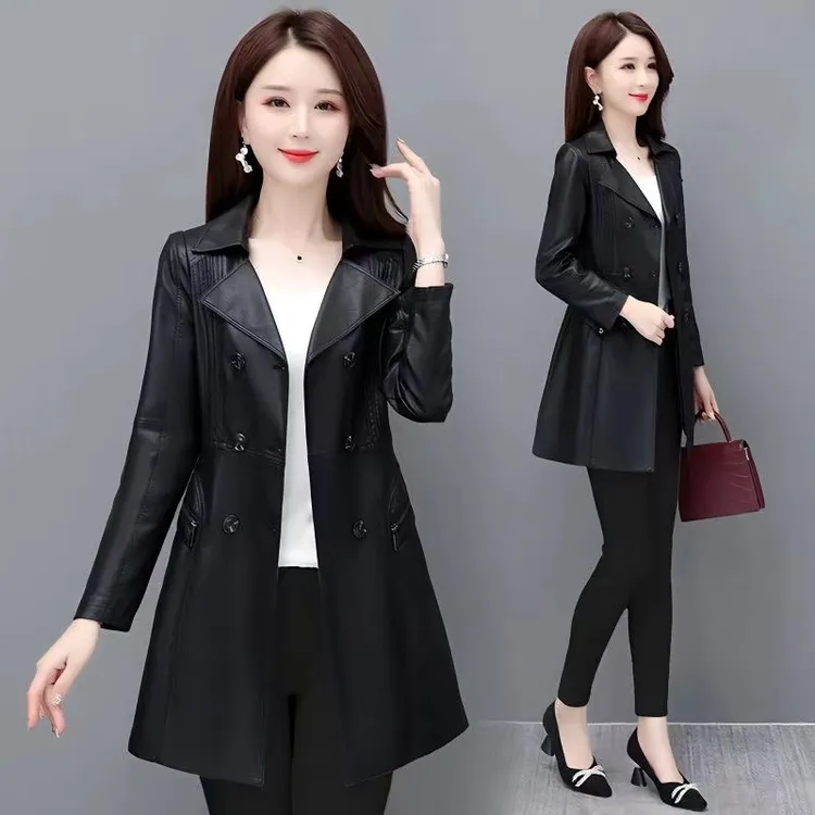 2025新款春秋海宁皮衣女中长款韩版修身显瘦女装大码皮风衣外套潮