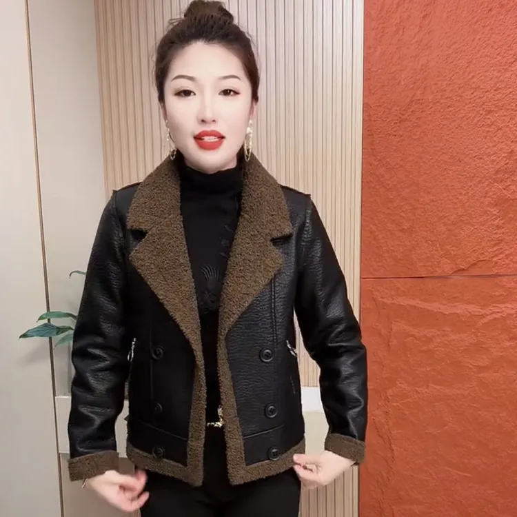 仿海宁真皮衣外套女2025新款爆款秋冬加绒加厚羊羔绒皮毛一体夹克