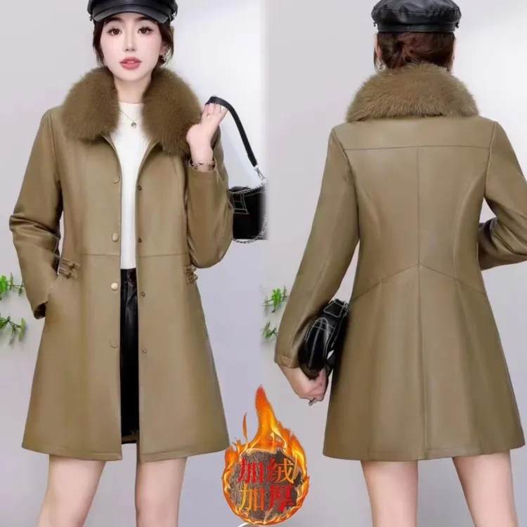 加绒外套女中长款修身pu外套2025冬季新款国风皮外套加厚冬季高档