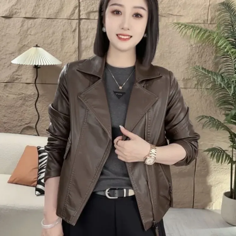 2025新款皮衣pu水洗软皮西装翻领口袋盖休闲外套短款时尚百搭皮衣