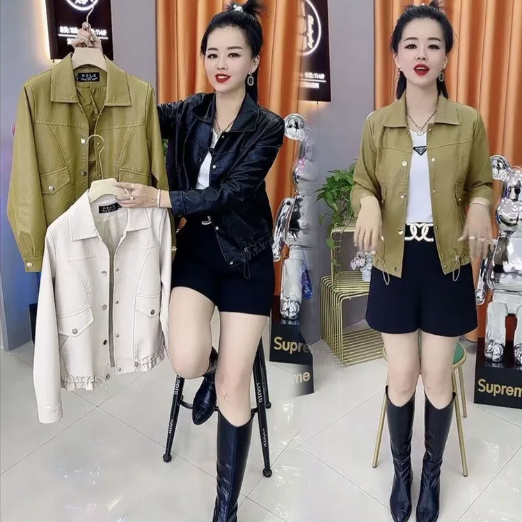 2023春秋新款时尚百搭皮衣女网红洋气翻领长袖底边抽褶夹克服外套