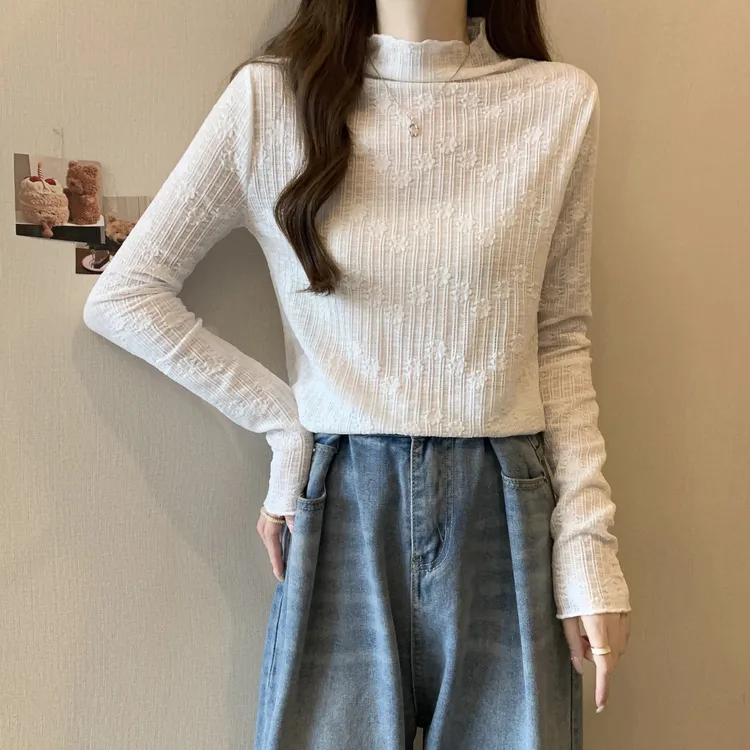 小个子大码女装胖MM秋冬内搭纯色勾花蕾丝百搭显瘦高领长袖打底衫