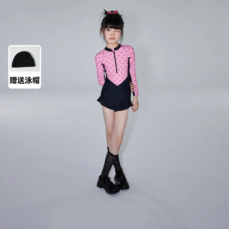 植木童装甜美蝴蝶结拉链式高弹无痕连体泳衣女童夏24Z277526