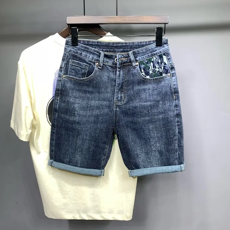 五分牛仔裤男夏季新款潮流薄款五分裤潮牌ins印花百搭微弹中裤子