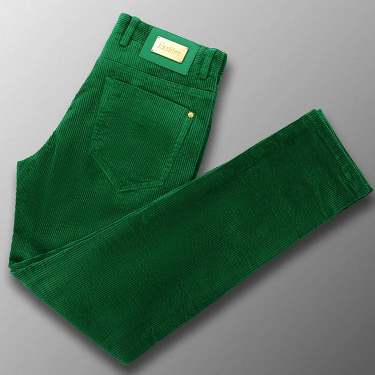 高品质时尚绿色灯芯绒休闲裤男青年潮流厚款中腰修身小脚小直筒裤