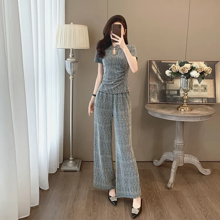 休闲套装女装两件套短袖显瘦气质高腰时尚夏季洋气宽松减龄灰色