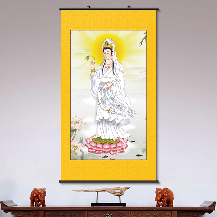 观音菩萨地藏王菩萨如来普贤弥勒佛西方三圣卷轴画挂画玄关装饰画