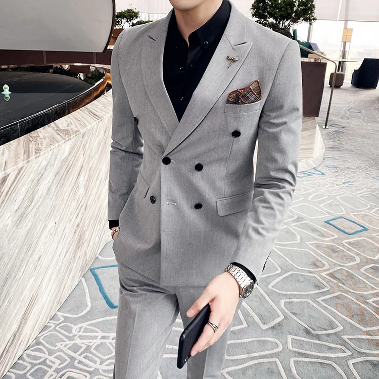 【胖瘦都能穿的双排扣西服】修身韩版大码男士休闲帅气商务结婚西装