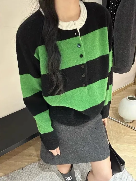 8921【绵羊毛】条纹撞色针织半开扣慵懒风新款百搭针织