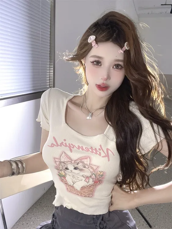 纯欲甜辣妹猫咪印花夏季短款t恤女修身显瘦正肩短袖露脐ins上衣服