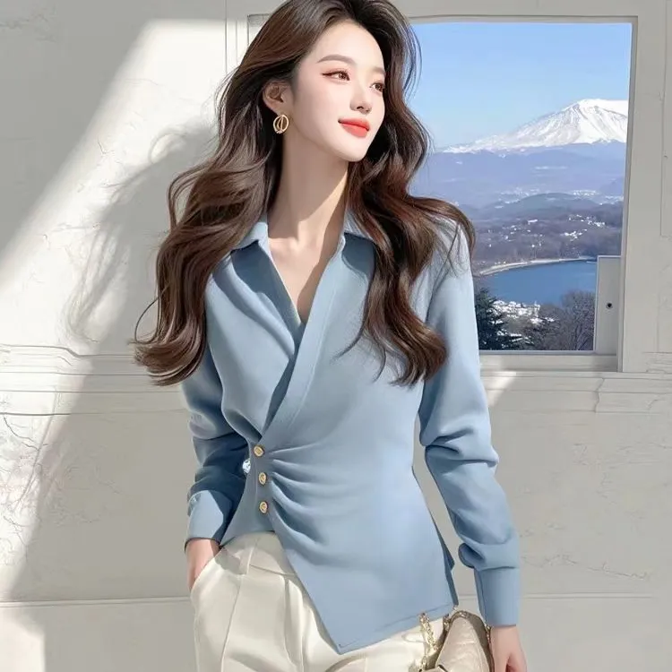 法式V领侧扣收褶衬衫女秋季不规则收腰系带上衣别致独特长袖衬衣