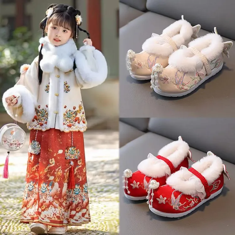女童汉服鞋2025秋冬加绒儿童马面裙鞋女孩古风绣花鞋新中式布鞋