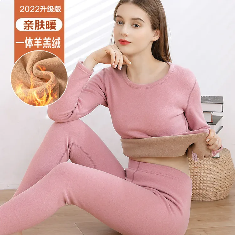 加厚羊羔绒保暖内衣女士一体绒防寒秋衣秋裤套装防寒冬季打底衫