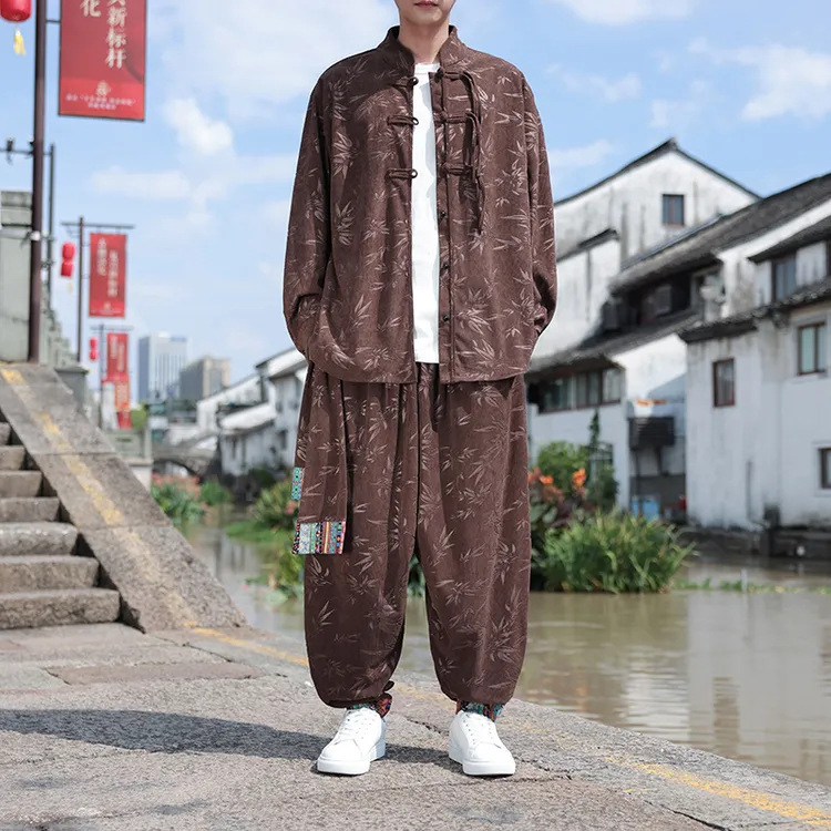 新中式外套男春秋款中国风男装宽松大码胖子国潮唐装汉服衬衫套装