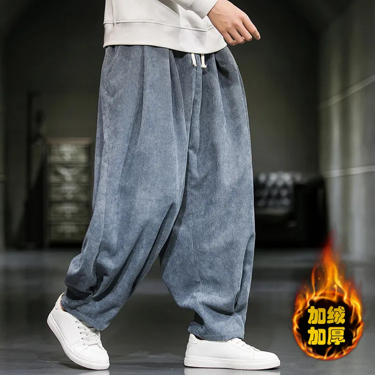 新中式男士休闲裤冬季复古宽松大码加绒加厚保暖纯色灯芯绒哈伦裤