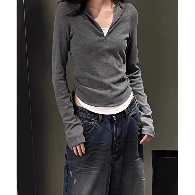 9042#正肩假两件小众内搭T恤女2025春秋新款修身显瘦打底衫上衣潮