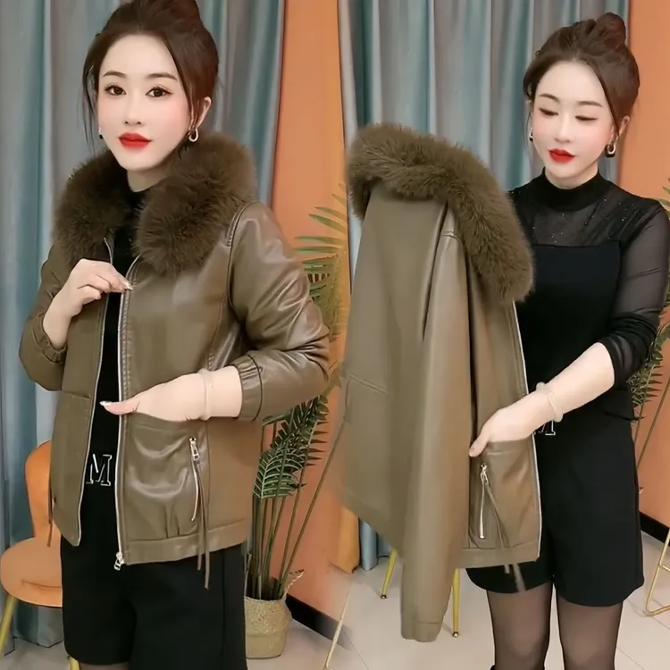 秋冬款毛领加绒皮衣女时尚休闲小香风短款外套修身显瘦减龄皮夹克