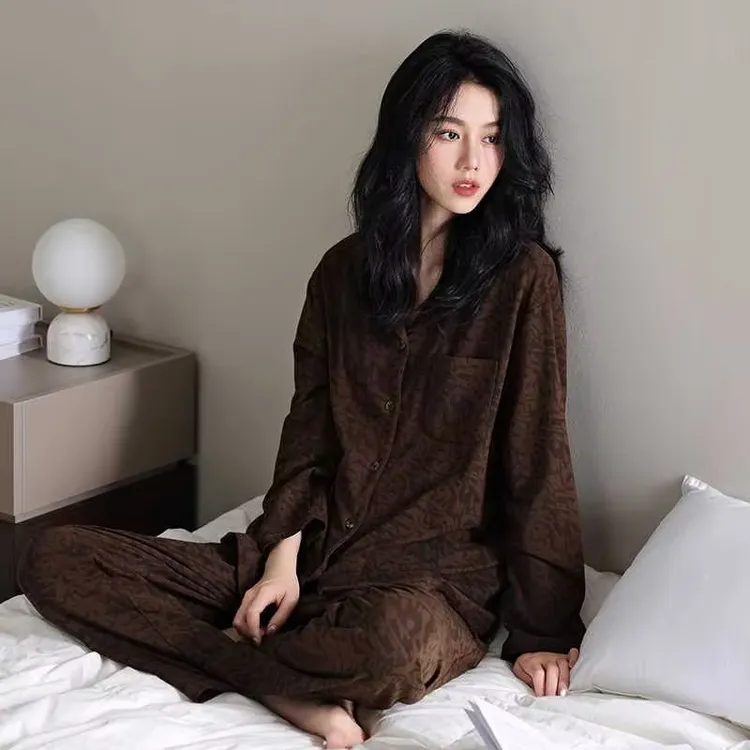 檀蝶【有带胸垫可选】纯棉睡衣女新款春秋季豹纹长袖长裤家居服