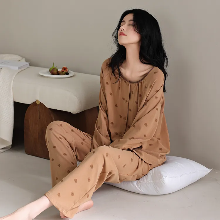 檀蝶【有带胸垫可选】7A纯棉睡衣女款春秋家居服女套装2025年新款