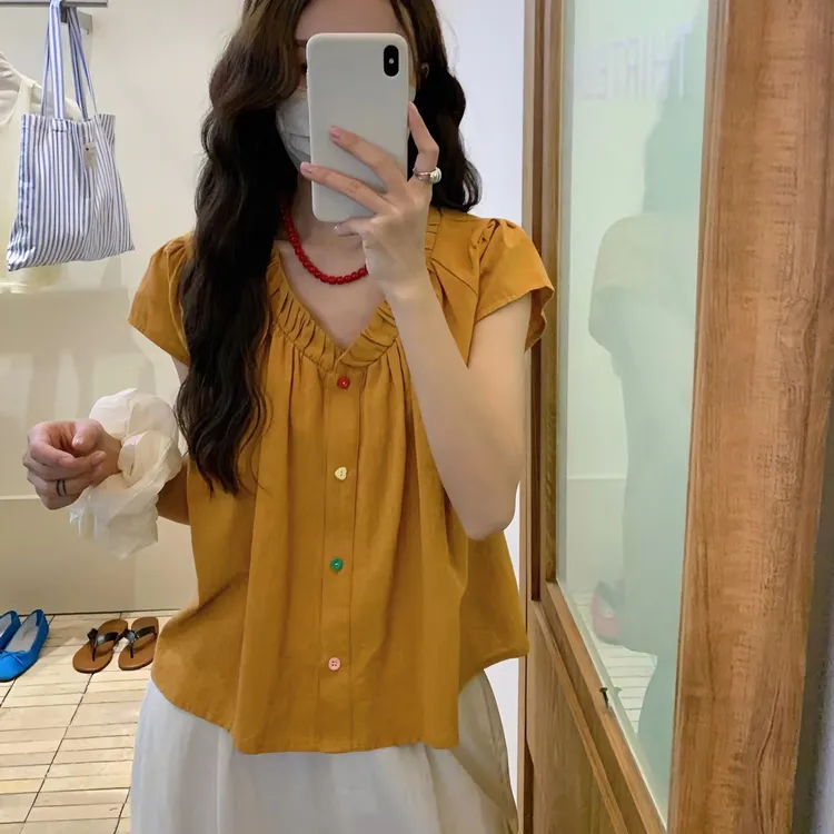 小个子定制焦糖色短袖衬衫女夏季短款温柔气质别致小衫爆款上衣