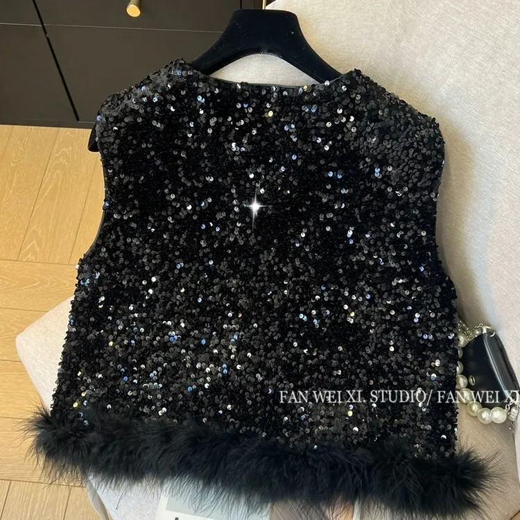 秋季新款复古重工亮片拼接羽毛圆领丝绒马甲背心女青年名媛风