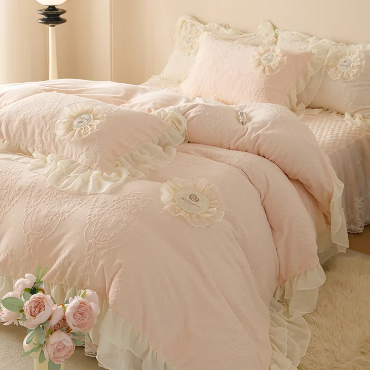 法式粉色加厚牛奶绒床裙冬款四件套冬季毛绒床单珊瑚绒床上用品