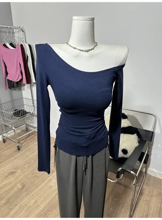 韩国东大门气质露肩长袖T恤女修身斜肩性感内搭打底衫上衣秋冬装