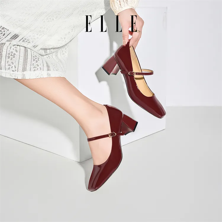 ELLE法式玛丽珍鞋女夏新款浅口单鞋优雅红色漆皮一字带高跟鞋女士