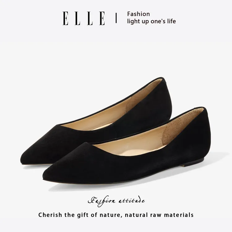 ELLE浅口高跟鞋尖头单鞋女新款春秋时尚一脚蹬软底轻便百搭平底鞋