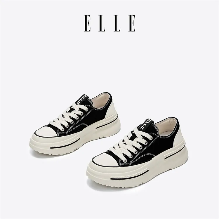 ELLE运动设计感帆布鞋女2025新款厚底增高百搭学院风休闲ro板鞋