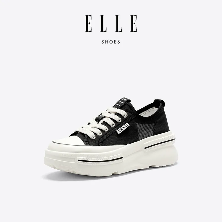 ELLE厚底帆布鞋女板鞋2025年新款黑色时尚潮流软底休闲ro小白鞋