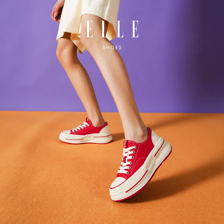 ELLE潮流增高帆布鞋女2024夏季低帮舒适百搭系带轻便运动休闲板鞋